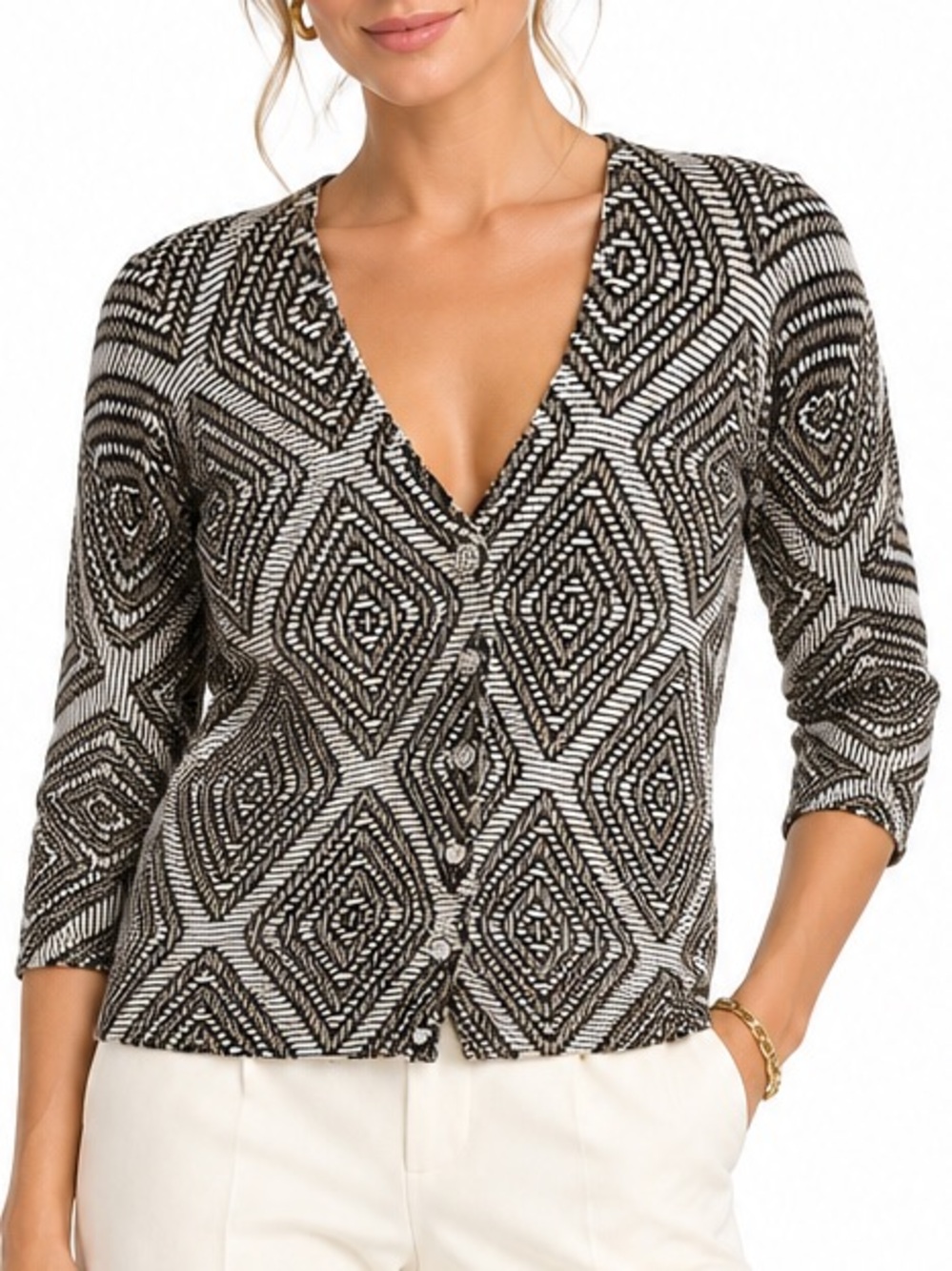 Tory Burch Dabney Luxury 100% Wool Neutral Diamond V-Neck Cardigan Sweater XS